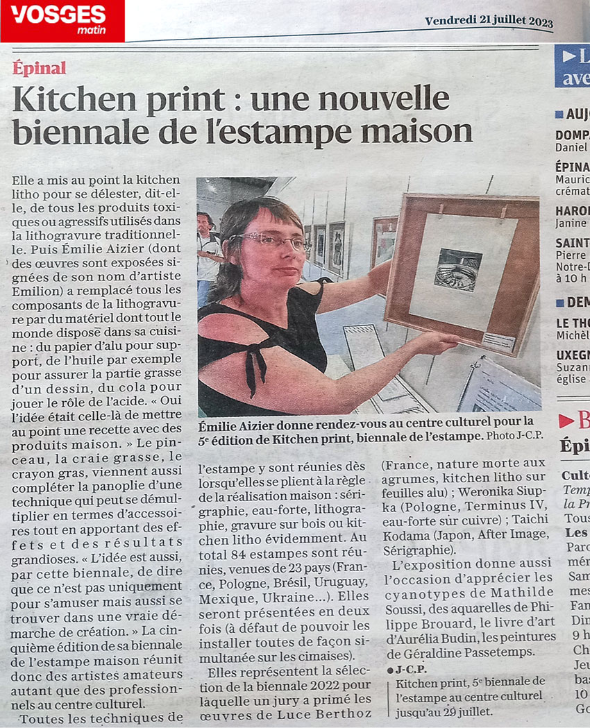 Article dans le journal “Vosges Matin” relatif à l’exposition 2023 de la 5e édition de la Kitchen Print Biennale au Centre culturel d’Épinal.