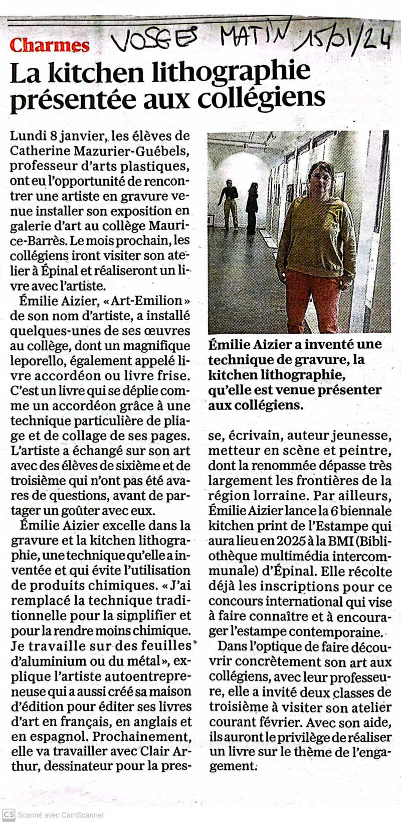 Article Vosges Matin “Exposition Art-Émilion” au Collège Barrès à Charmes-Vosges.