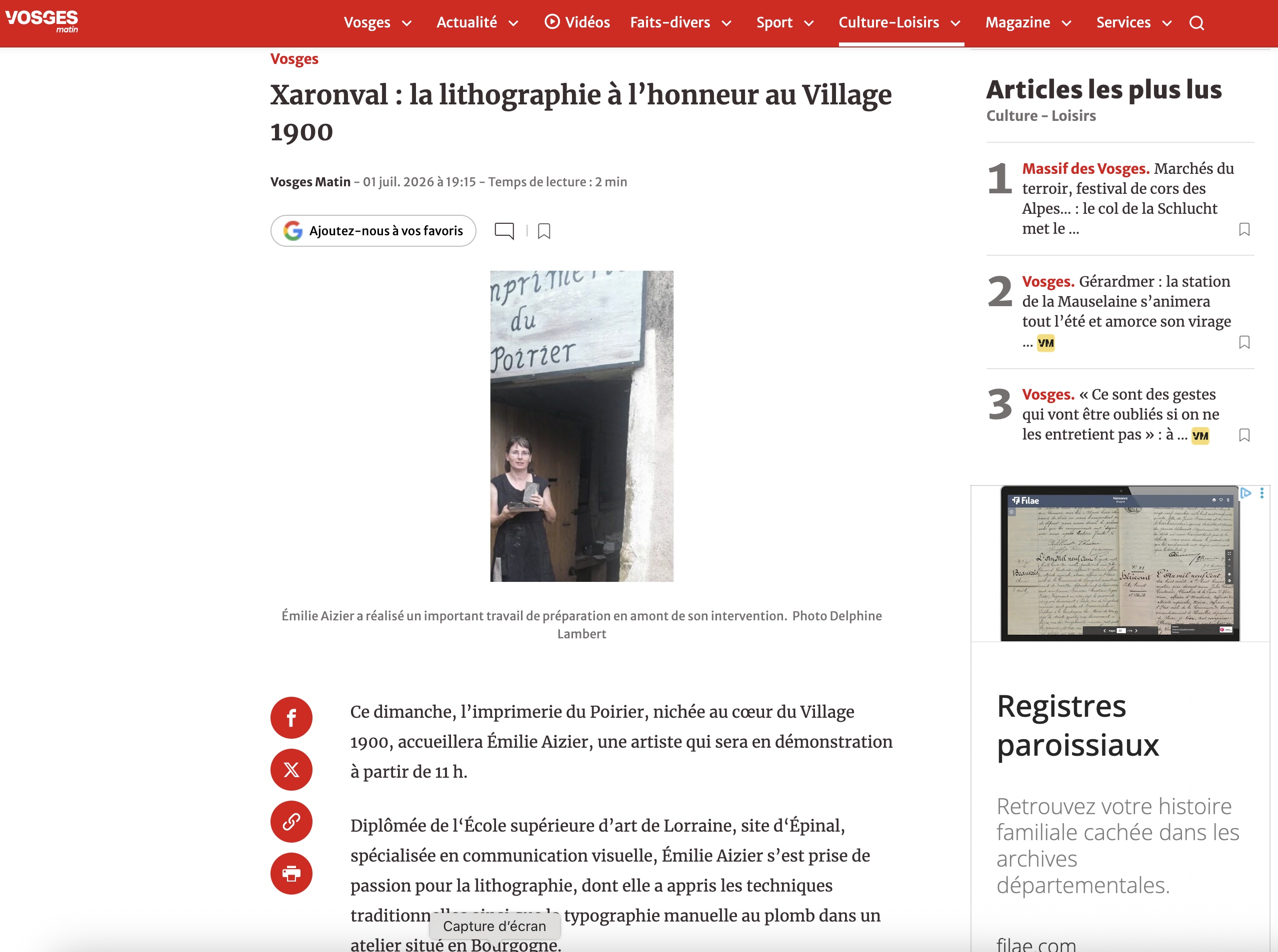 Article dans le journal Vosges Matin